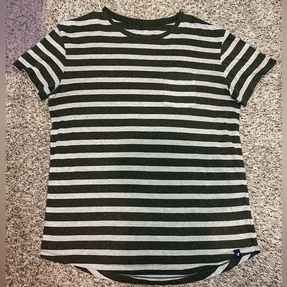 American Eagle Seriously Soft Mens T-Shirt Crew Striped Olive Green Medium